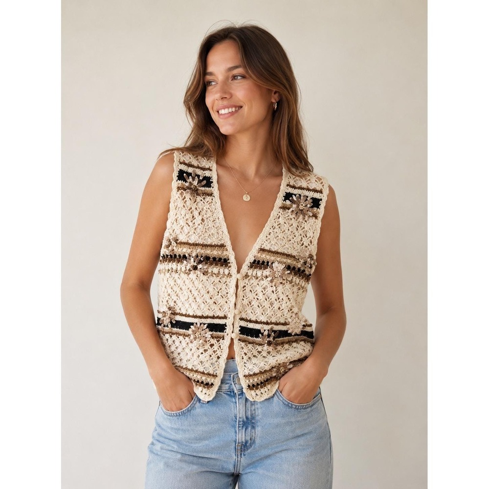 TAG Vintage Crochet Vest Cream Brown Ribbon Flower Boho Knit Waistcoat Large